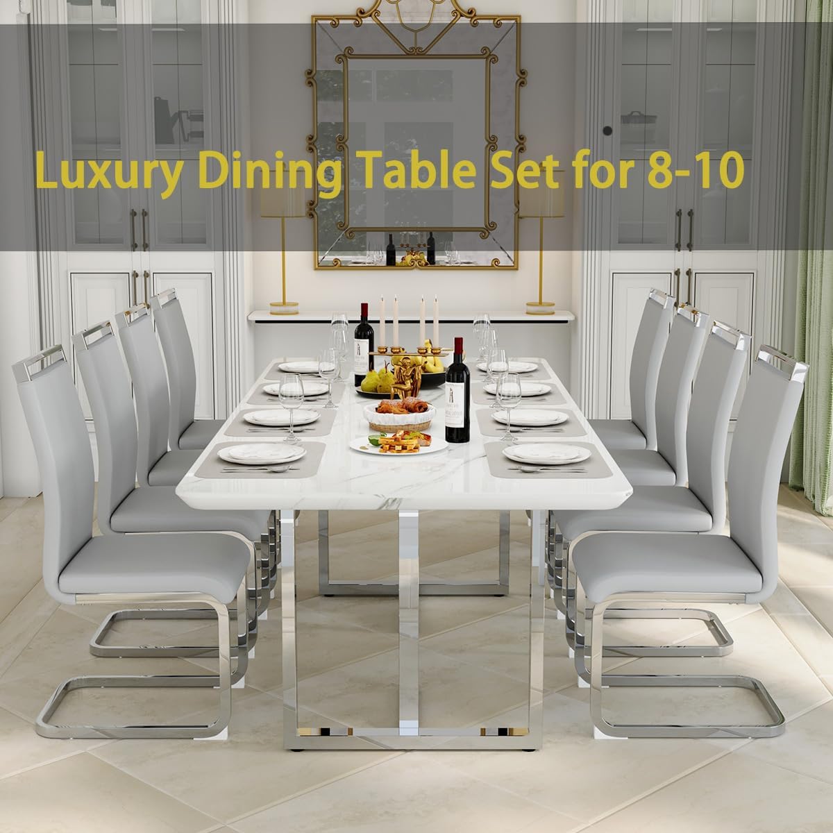 79" Modern Dining Table Set for 8,White Dining Room Table Set with Silver Chrome Pedestal,79" Glossy Kitchen Room Table Set for 8-10 Person,Dining Room Table with 8 Chairs,Faux Marble - Image 9