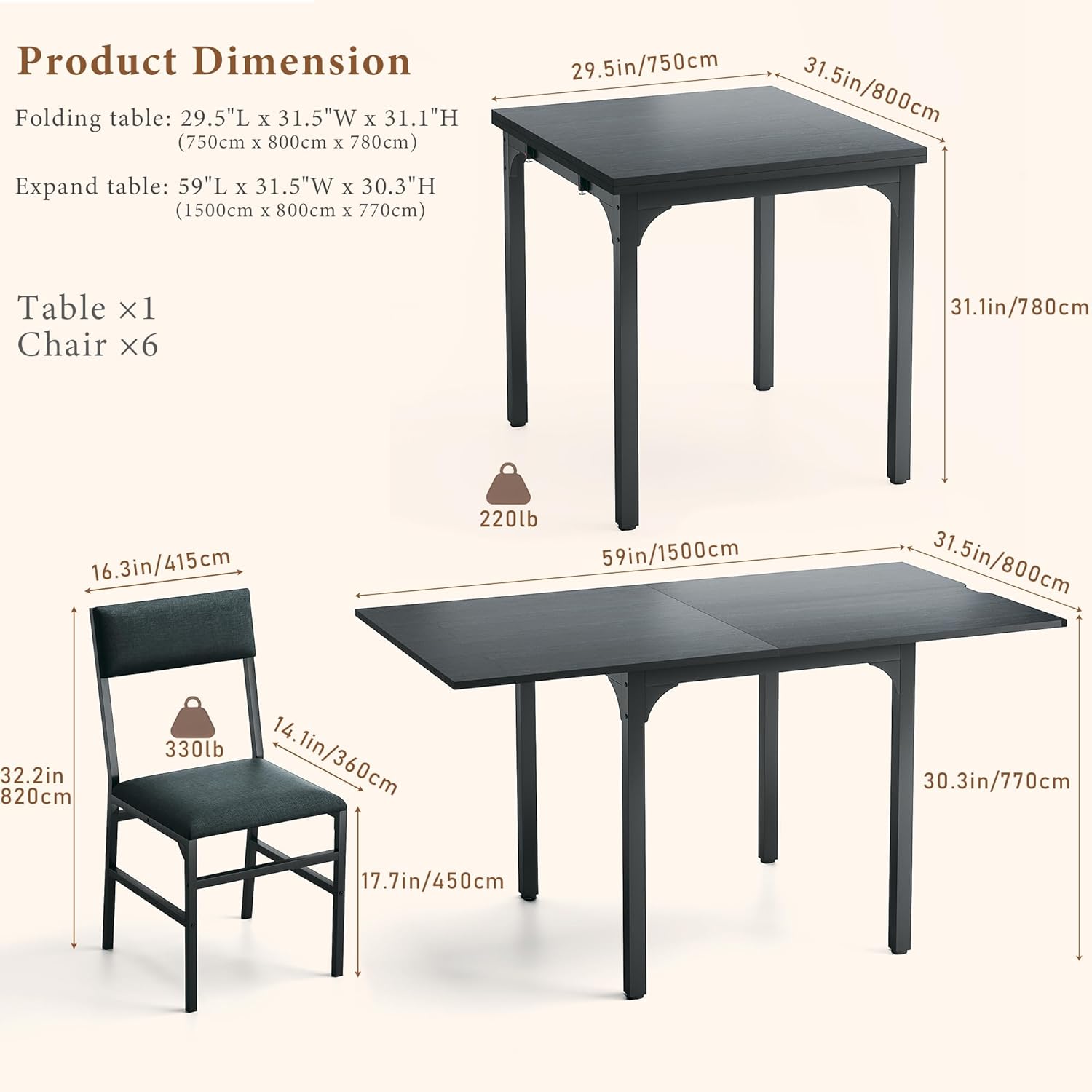 7-Piece Dining Table Set for 4-6, Extendable Kitchen Table Cushion Chairs Set of 6 with 6 Chairs, Rectangle Dining Table with Metal Frame & MDF Board, Folding for Small Apartment Saving Space, Black - Image 5