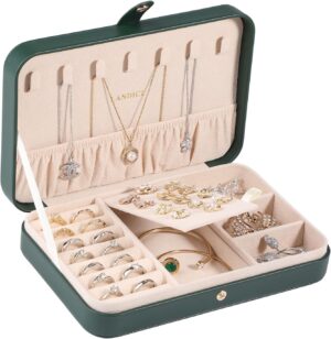 LANDICI Small Jewelry Box for Women Girls, PU Leather Travel Jewelry Organizer Case, Jewellery Storage Holder Display for Ring Earrings Necklace Bracelet Bangle Watch Men Kids Gift, Blackish Green