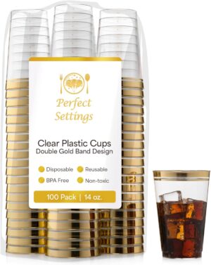 Perfect Settings Premium Double Gold Rimmed Disposable Plastic Cups, Durable Clear Plastic Drinking Glasses for Cold Beverages & Cocktails, BPA-FREE, Disposable Wedding Cups, 14 oz. (Pack of 100)