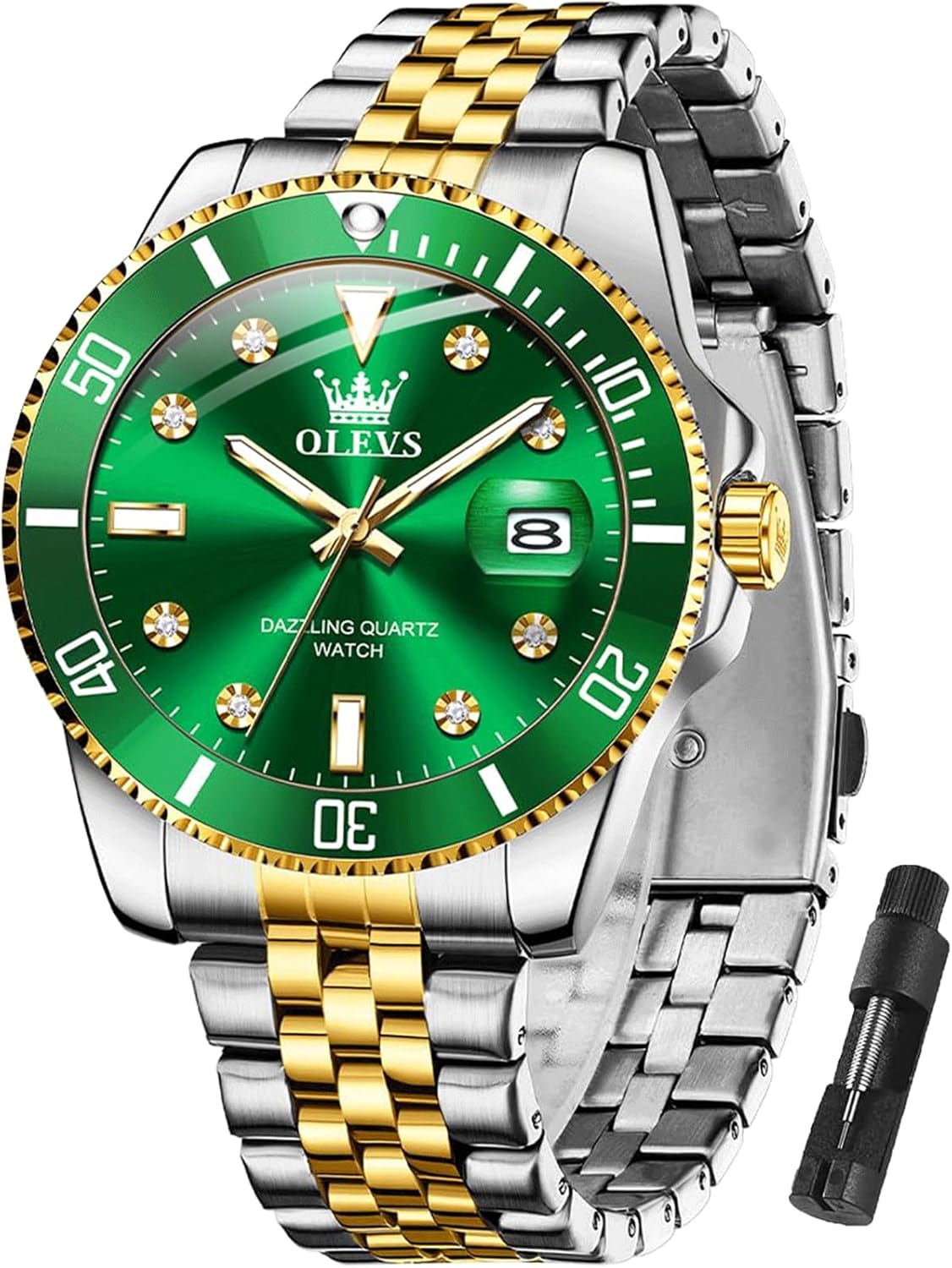 OLEVS Watches for Mens Stainless Steel Dress Mens Watches with Date Luxury Diamond Big Face Waterproof Blue/Black/Green/Gold/Red Dial Relojes para Hombres