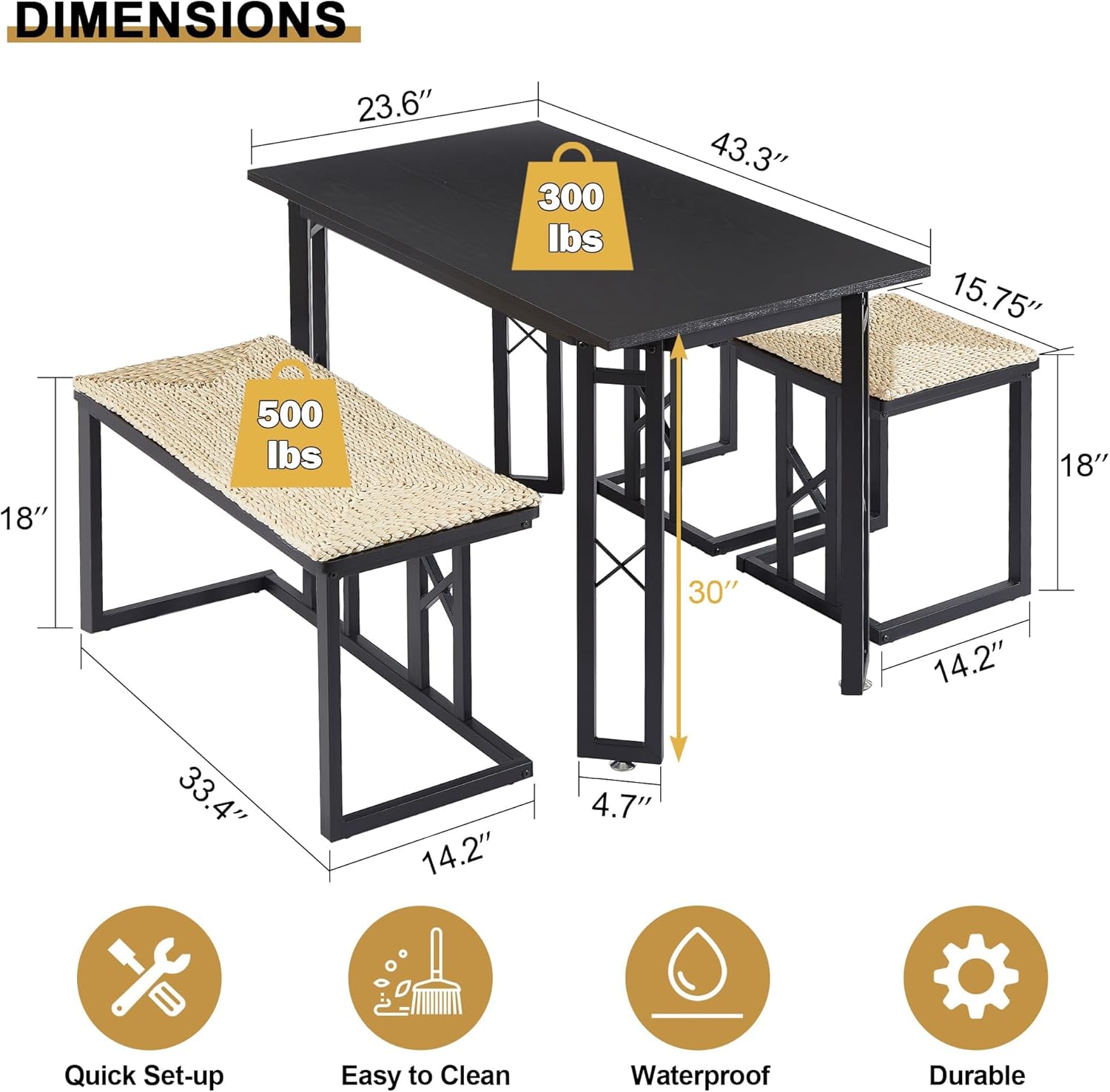 VECELO 43.3" Farmhouse Dining Table Sets, Kitchen Table for 4 with 3 Seats & Wicker Seat Cushions,Metal Frame Space-Saving Adjustable Feets Coffee Table for Home Kitchen Dining, Pitch Black - Image 2
