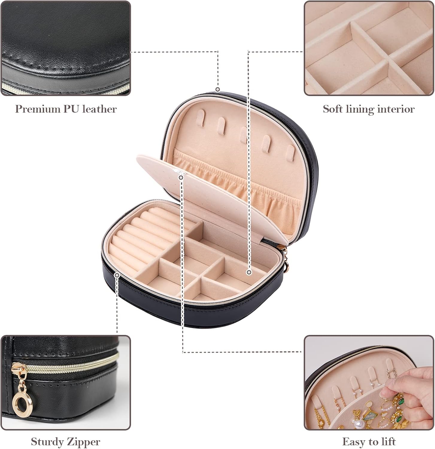 ProCase Travel Size Jewelry Box, Medium Portable Seashell-Shaped Jewelry Case, 2 Layer Jewelry Organizer in PU Leather for Women -Black - Image 7