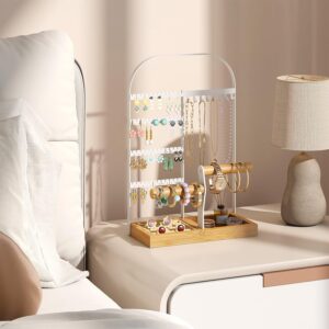 BMOSU Jewelry Organizer Stand with Velvet Ring Holder 2 Bracelet Holder Display 4 Tier Jewelry Rack with 8 Necklace Hooks and 48 Earring Holes Organizer Storage Wooden Box White