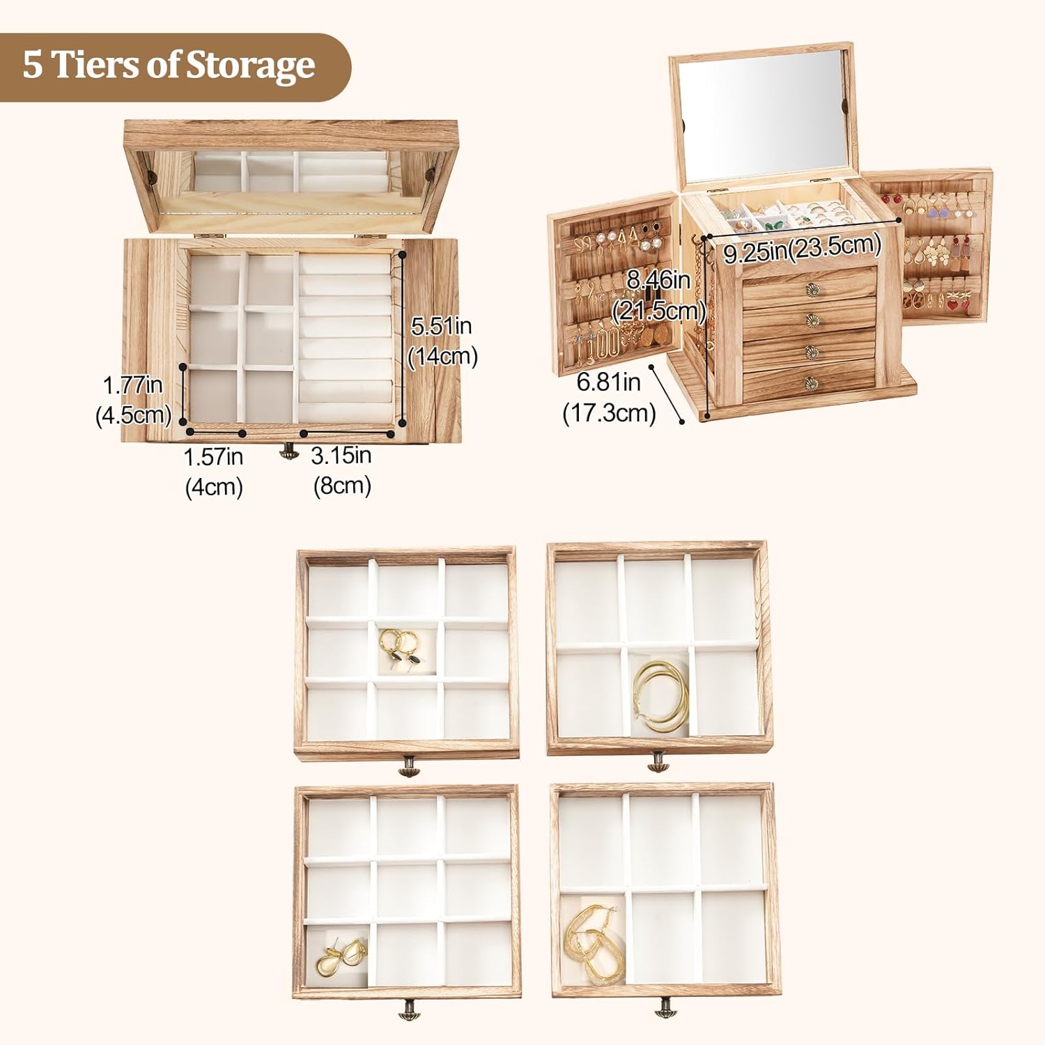 ProCase Large Jewelry Box, 5-Layer Wooden Jewelry Boxes for Women, Jewellery Holder Organizer Storage Case with Mirror for Earrings Bracelet Necklace for Dresser -Natural - Image 4