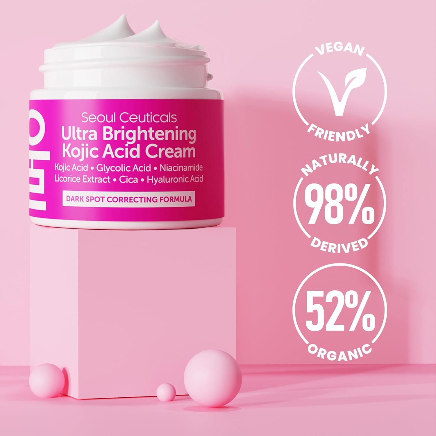 SeoulCeuticals Korean Kojic Acid Cream Dark Spot Remover + Glycolic Acid + Niacinamide + Cica + HA Moisturizer - Cruelty Free K Beauty Skincare 2oz - Image 6