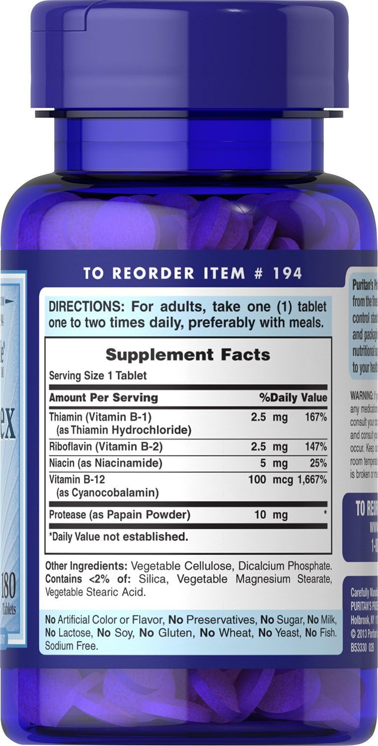 Puritan's Pride Premium Vitamin B-Complex and Vitamin B-12, Vegetarian Dietary Supplement for Cellular Energy Production, Maintains Health of Skin and Nerves Support, 180 Tablets - Image 3
