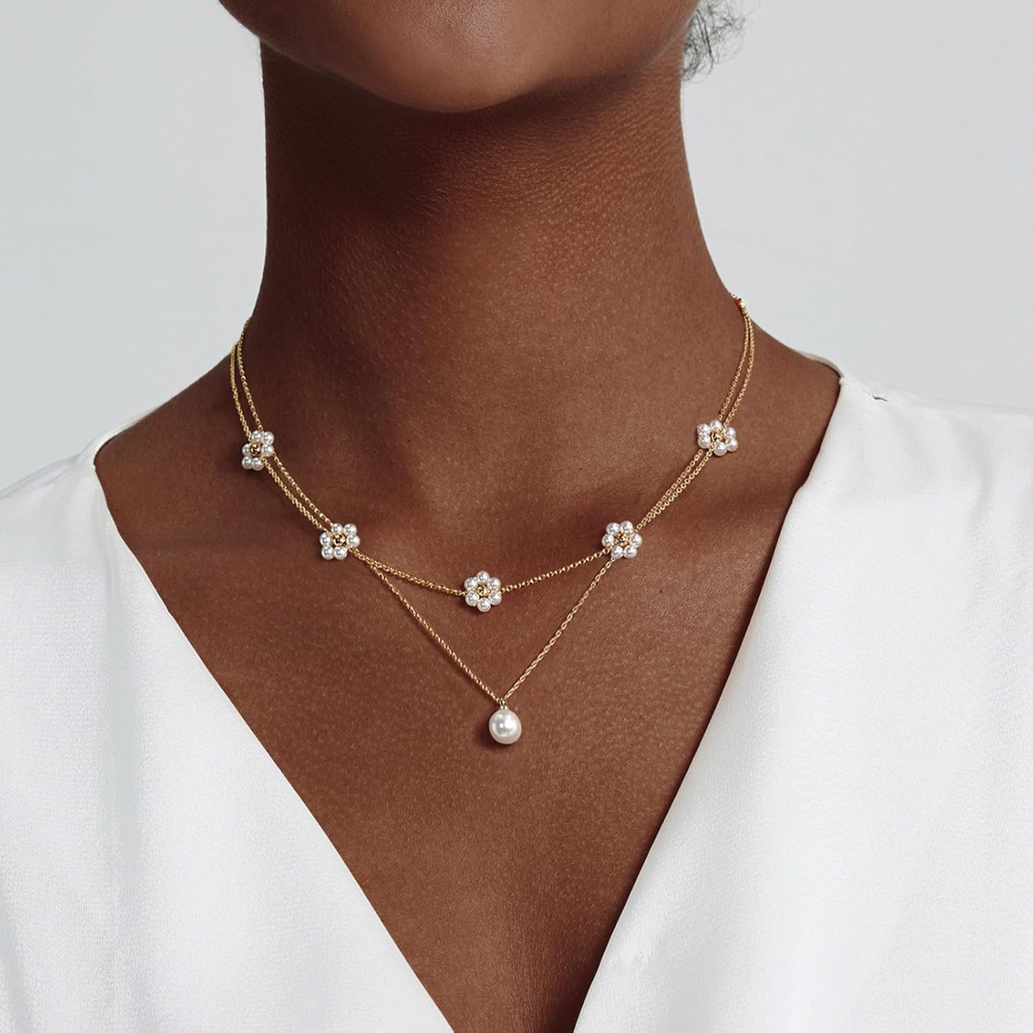 OGD Gold Pearl Necklaces Set for Women 14K Gold Plated Dainty Layered Pearl Cute Daisy Pearl Choker Gold Necklace Gifts for Women Gold Trendy Jewelry Gifts - Image 3