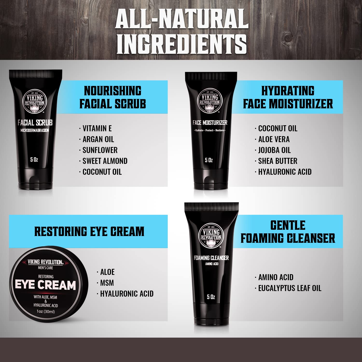 Viking Revolution Mens Facial Skin Care Kit - Includes Rejuvenating Face Moisturizer (5oz) Microdermabrasion Facial Scrub (5oz) Foaming Cleanser (5oz) Eye Cream (1oz) - Image 5