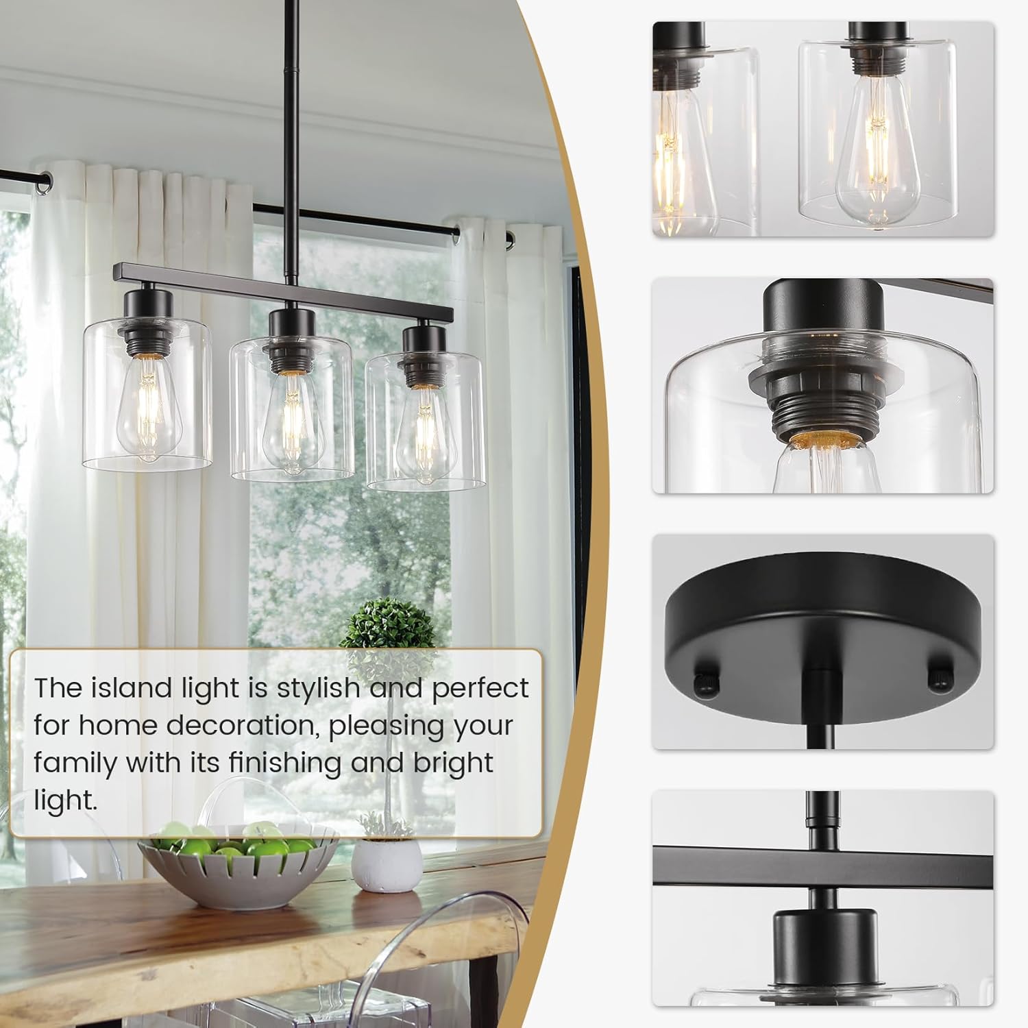 3-Light Kitchen Island Lighting, Black Pendant Light Fixture, Farmhouse Dining Room Light Fixtures Over Table, Modern Hanging Light Fixtures with Clear Glass, E26 Base, Bulbs Not Included - Image 4