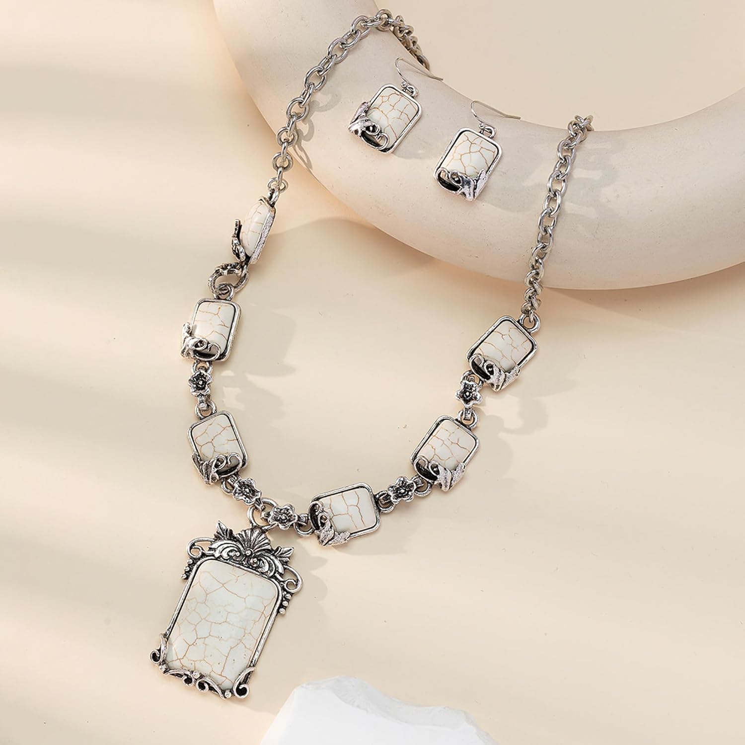 4 PCS Western Turquoise Jewelry for Women Boho Vintage Navajo Pearl Necklace Earring Bracelet Ring Set Country Cowgirl Accessories for Gift - Image 4