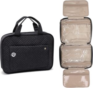 Pink Marine Travel Hanging Toiletry Bag for Women and Men, Luxury Cosmetics and Makeup Organizer with Full-Size Pockets, Waterproof Exterior, Hands-Free Hook, (Black, Large)