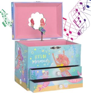 Jewelkeeper – Musical Jewellery Box for Girls with 2 Storage Drawers, Rainbow Mermaid and Gold Leaf – Melody Sobre las Olas Olas