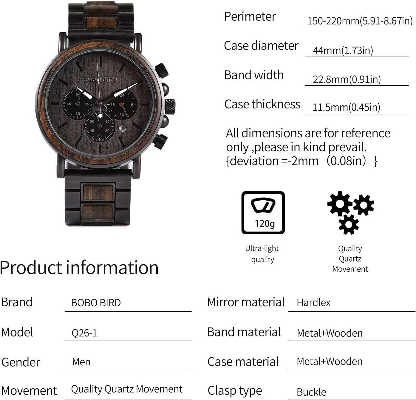 2win Mens Wooden Watches Luxury Stainless Steel Wood Watch for Men Chronograph Quartz Watches - Image 6