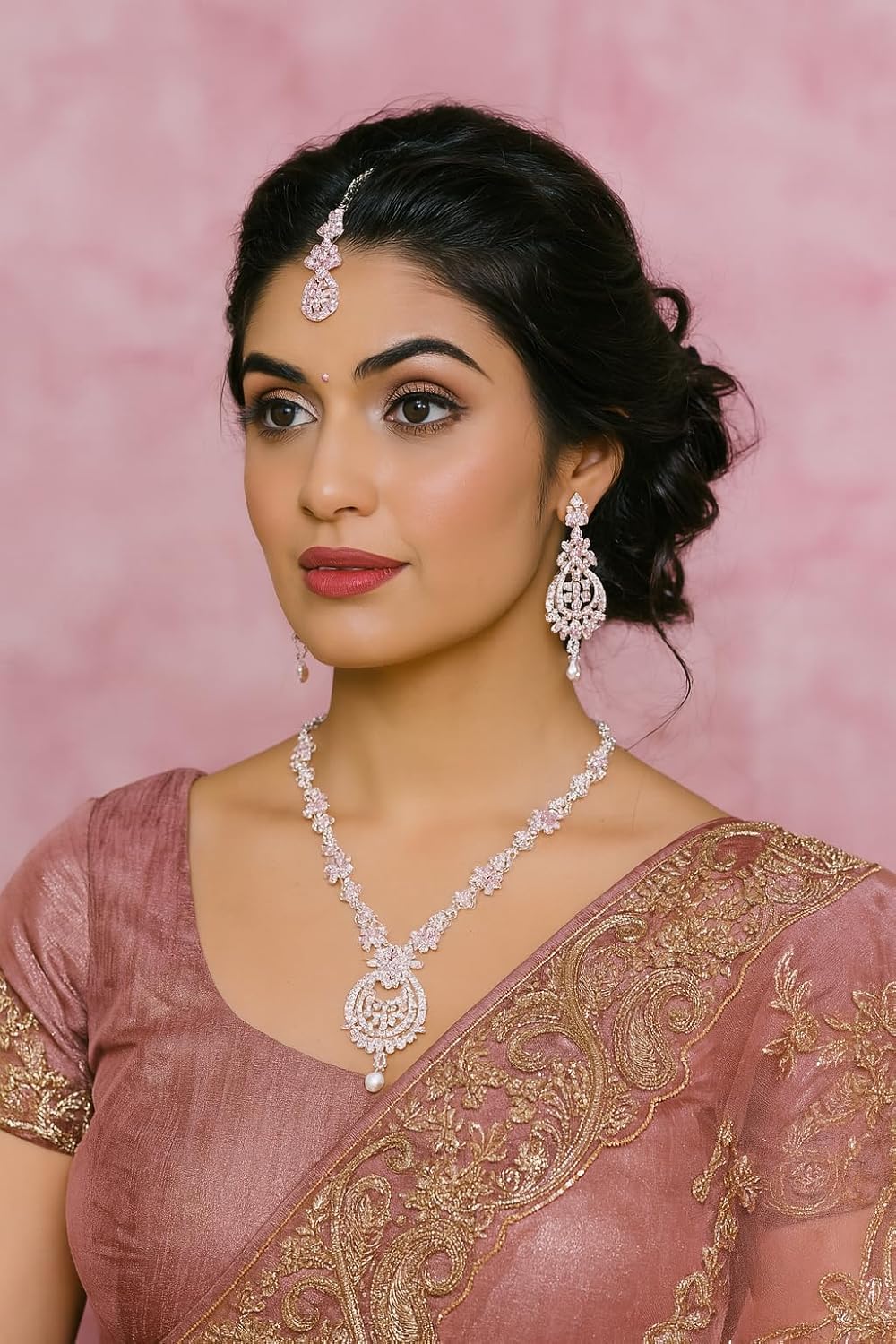Touchstone Indian Bollywood Gorgeous intricate Workmanship Sparkling Rhinestone crystal wedding Designer Jewelry Necklace Set In Gold or Silver Tone For Women. - Image 4