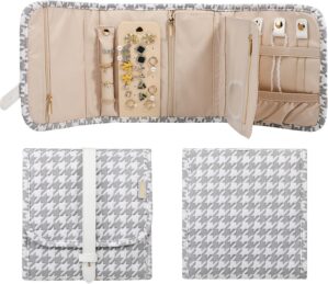 Voova Travel Jewelry Holder Organizer Case, Small Jewelry Storage Bag for Women Girls, Foldable Traveling Jewellery Pouch Roll for Necklaces Rings Earrings Bracelets, Mini, Grey+White