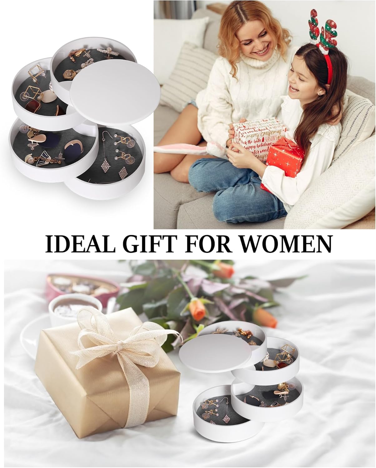 CONBOLA Jewelry Organizer, Small Jewelry Storage Box Earring Holder for Women, 5-Layer Rotating Travel Jewelry Tray Case with Lid for Bracelets Rings Bracelets, Gift for Women Teen Girls(White) - Image 7