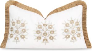 Hofdeco Premium Coastal Patio Indoor Outdoor Lumbar Pillow Cover Only, 12″x20″ Water Repellent for Backyard, Couch, Neutral Tan Embroidered Floral with Fringe
