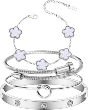 Womens 4Pcs Stackable Floral Gold Bracelets Stainless Steel Bangle Bracelets Non Tarnish Silver Set Trendy Jewelry Gifts for Womens