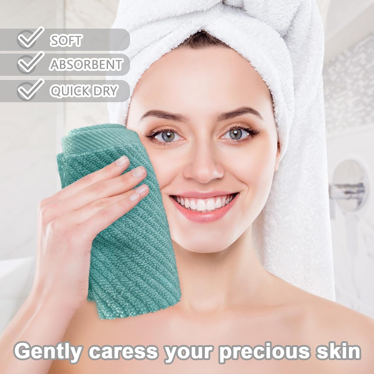 Wash Cloths for Your Face, 6 Pack Large 13"x13" - 100% Cotton | Lightweight | Thick | Quick Dry | Soft | Absorbent, Luxury Facial Towels, Hand Towels for Shower, Bathroom Essentials, Aqua Teal - Image 4