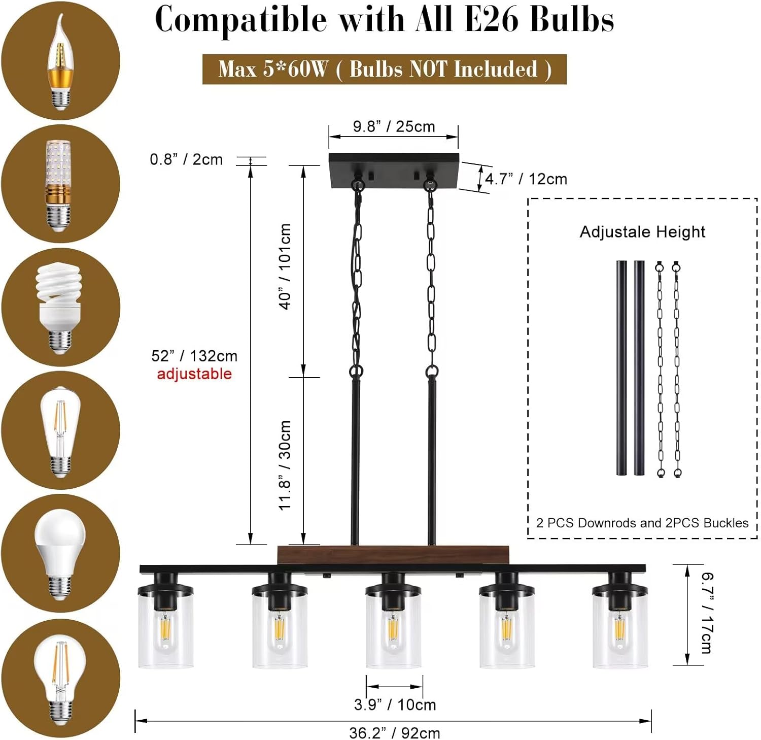 36.2‘’ Kitchen Lighting, 5-Light Dining Room Light Fixture Chandelier Over Table, Black Modern Rustic Wood Ceiling Pendant Light Fixtures, with Clear Glass Shade, Farmhouse Chandelier - Image 3