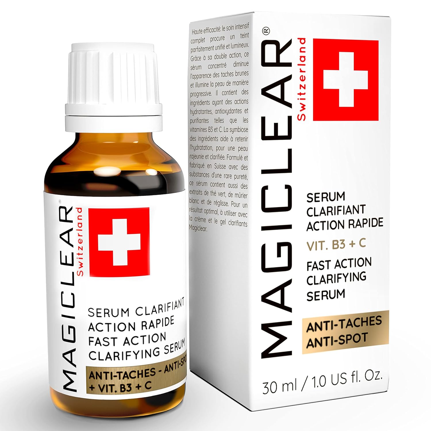 Luxury Swiss Dark Spot Remover for Face and Body Serum Gel Cream Age Sun Brown Spot Acne Freckles Corrector Melasma treatment Anti aging Skin Vitamin C + Niacinamide best organic brand Magiclear