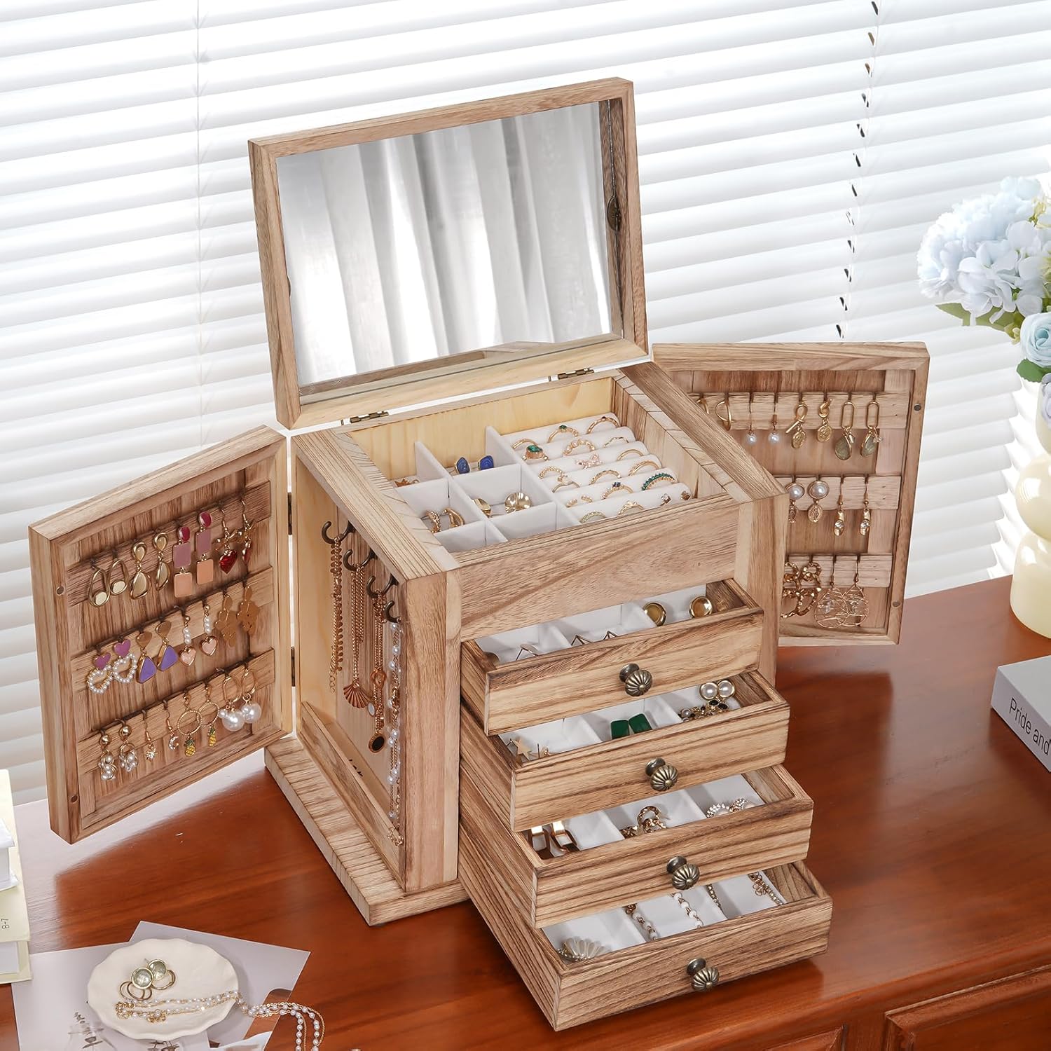 ProCase Large Jewelry Box, 5-Layer Wooden Jewelry Boxes for Women, Jewellery Holder Organizer Storage Case with Mirror for Earrings Bracelet Necklace for Dresser -Natural - Image 6