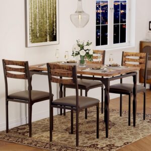 IDEALHOUSE 5 Piece Dining Table Set, Industrial Style Dining Table and Chairs Set for 4, Kitchen Table Set for Dining Room Kitchen Apartment, Brown