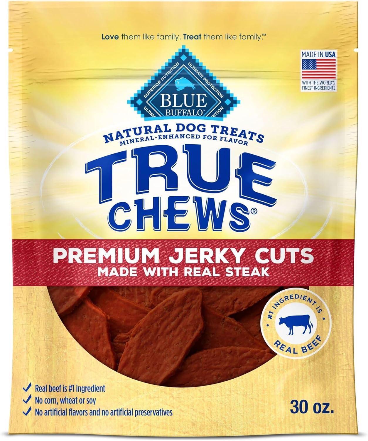 Blue Buffalo True Chews Premium Jerky Cuts Dog Treats, Made in The USA with Natural Ingredients, Beef, 30-oz. Bag
