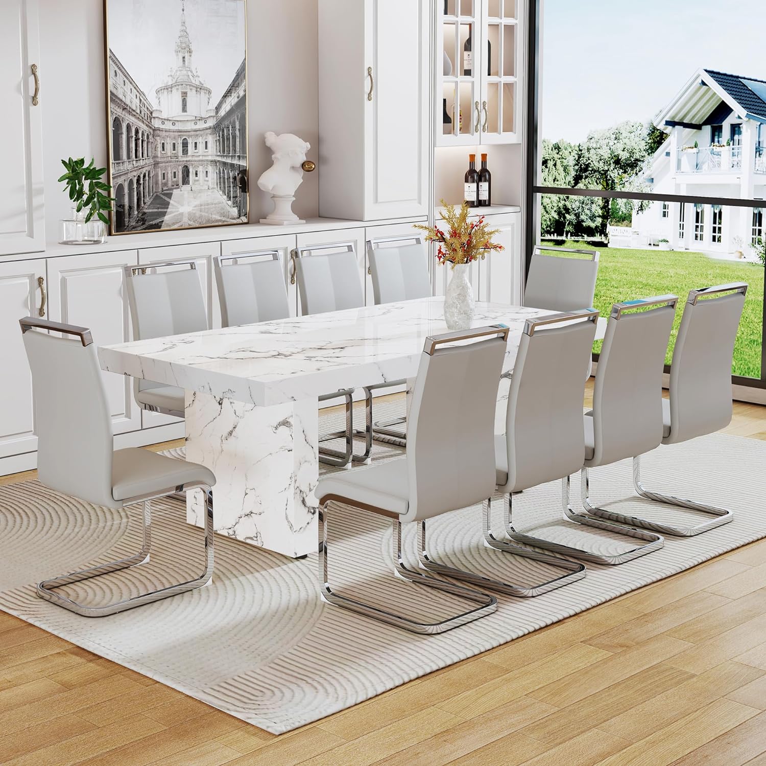 11 Piece Dining Table Set, 79" Marble Dining Table Set for 10, Marble Pattern MDF Dining Table Top and Base, 10 PU Leather Dining Chairs with Chrome Plated Metal Legs for Kitchen Dining Room. - Image 2