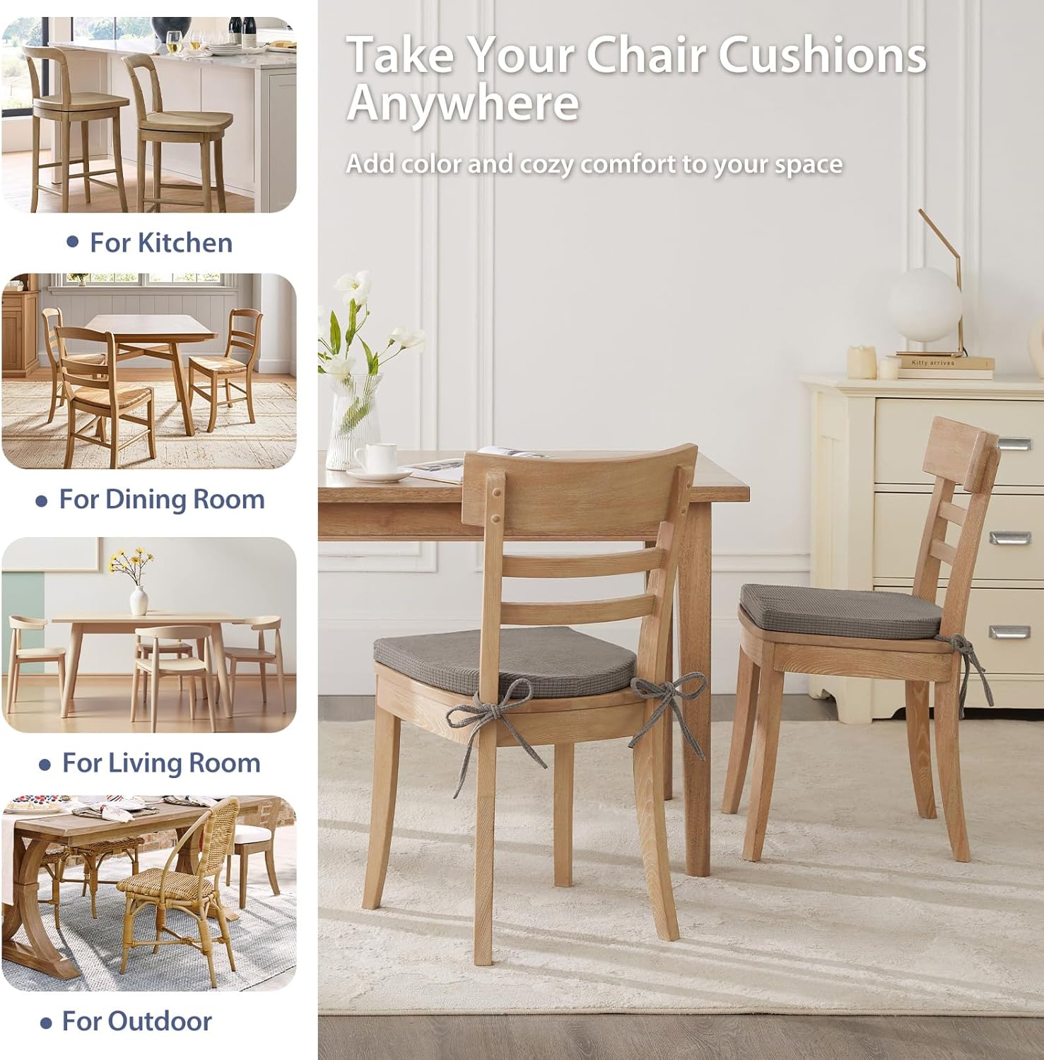 Kitchen Chair Cushions Set of 4 for Dining Chair, Soft Memory Foam Seat Pads with Non-Slip Bottom & Ties for Indoor Kitchen Dining Furniture, 15.5" x 15.5" Dark Grey - Image 6