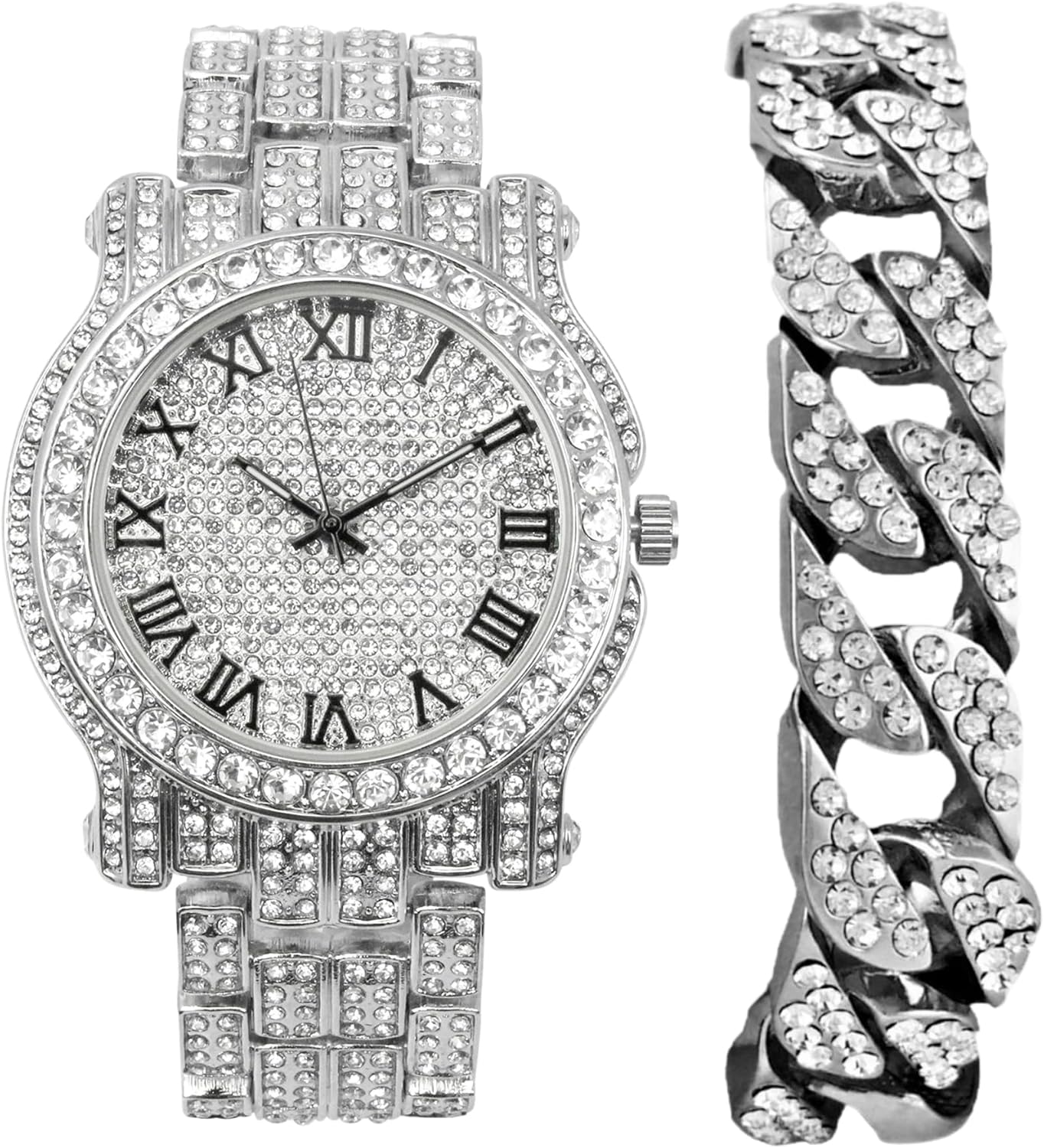 Charles Raymond Bling-ed Out Silver Round Luxury Mens Watch w/Bling-ed Out Bracelet - L0504B