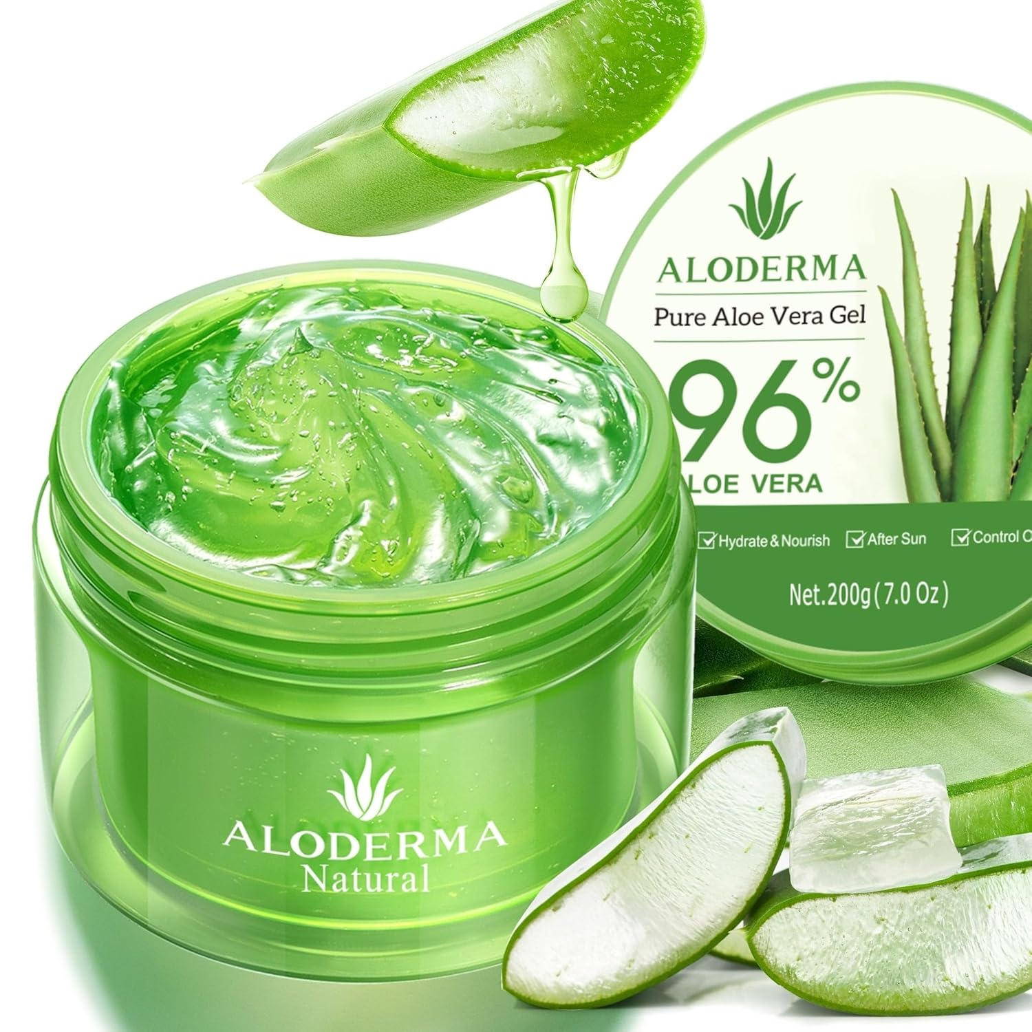 Aloderma Organic Aloe Vera Gel for Face & Body, 96% Pure Aloe Gel Made within 12 Hours of Harvest, Ideal for Skin, Scalp, & Hair Hydration, Calming Moisturizer for Soothing After Sun Care, 7.05oz - Image 2