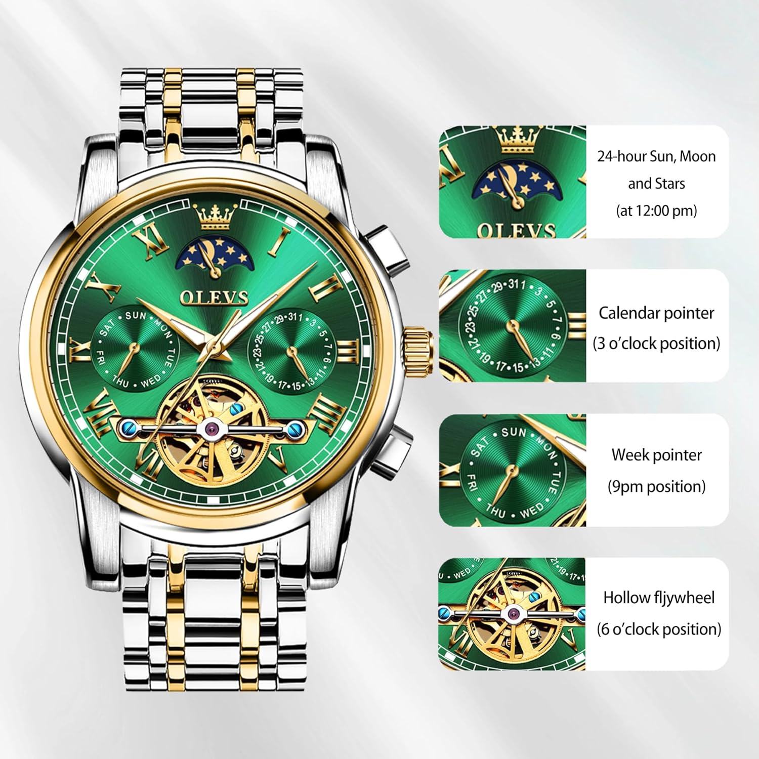 OLEVS Automatic Mechanical Watches for Men Self Winding Waterproof Stainless Steel Men's Wrist Watches Luxury Expensive Watch,Adjustable Bracelet (Gift Tool) - Image 6