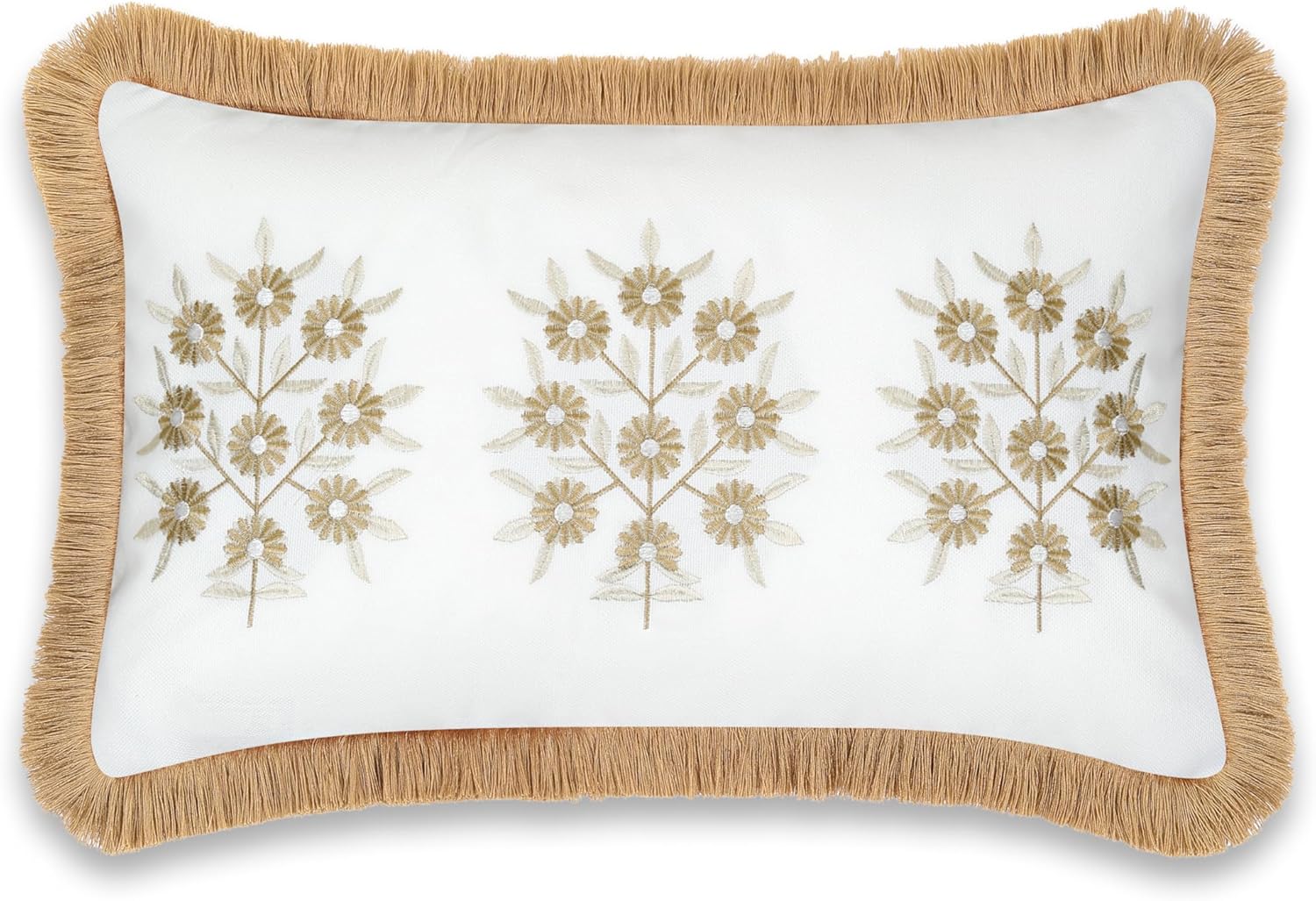Hofdeco Premium Coastal Patio Indoor Outdoor Lumbar Pillow Cover Only, 12"x20" Water Repellent for Backyard, Couch, Neutral Tan Embroidered Floral with Fringe - Image 6