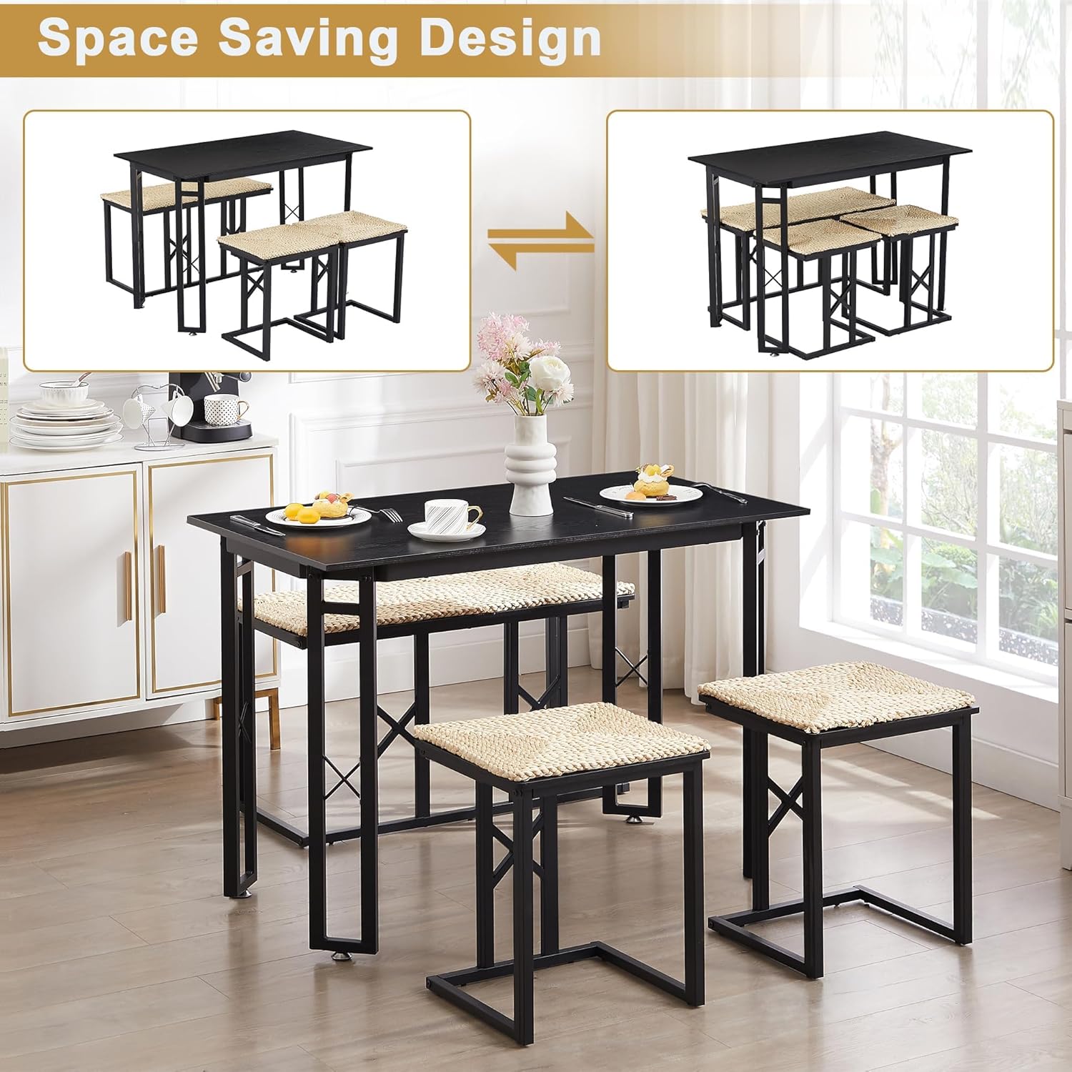 VECELO 43.3" Farmhouse Dining Table Sets, Kitchen Table for 4 with 3 Seats & Wicker Seat Cushions,Metal Frame Space-Saving Adjustable Feets Coffee Table for Home Kitchen Dining, Pitch Black - Image 4