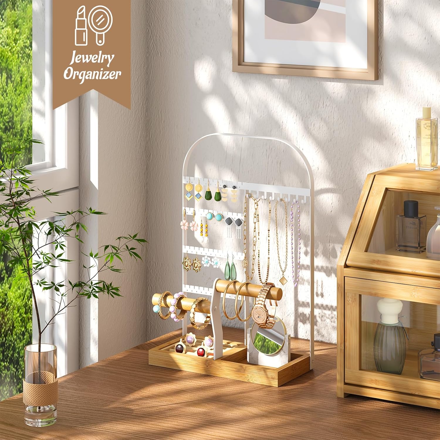 BMOSU Jewelry Organizer Stand with Velvet Ring Holder 2 Bracelet Holder Display 4 Tier Jewelry Rack with 8 Necklace Hooks and 48 Earring Holes Organizer Storage Wooden Box White - Image 4