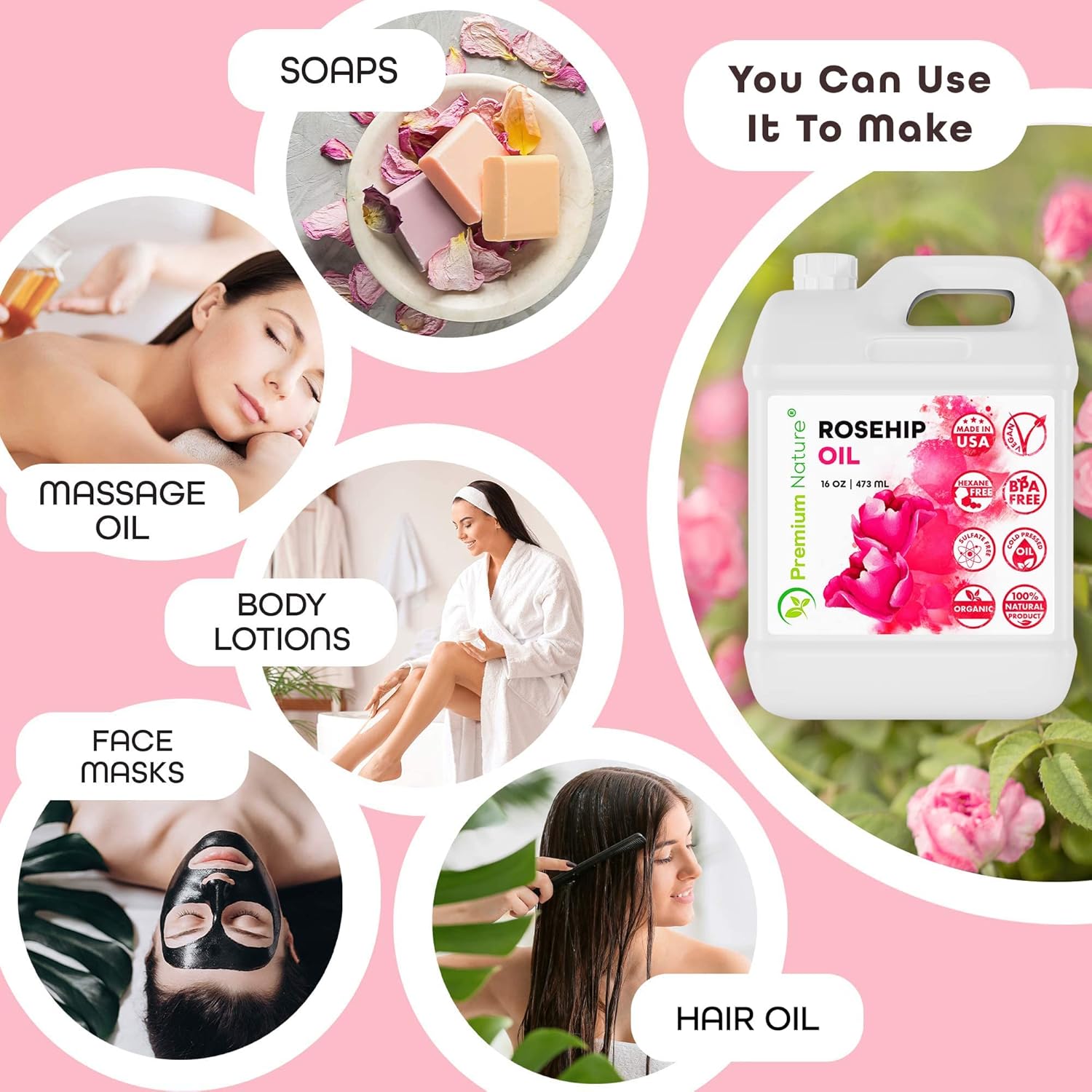 Rosehip Oil for Skin Face Body Hair Nails 16oz Cold Pressed Unrefined Rose Hip Seed Oil Moisturizing Facial Oil Bulk Aceite Rosa Mosqueta Puro 100 Organico Rose Oil For Face Oil For Dry Skin - Image 5