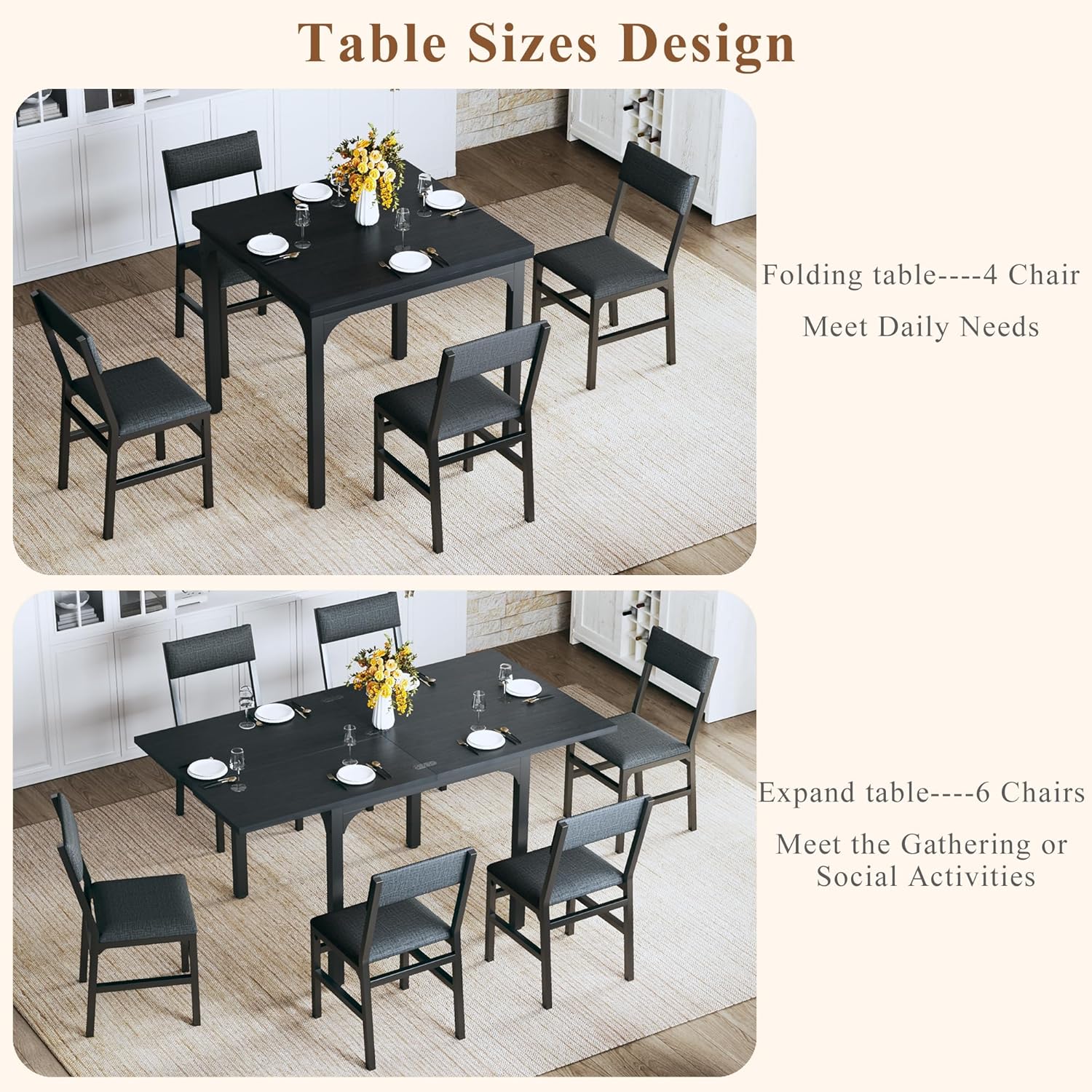 7-Piece Dining Table Set for 4-6, Extendable Kitchen Table Cushion Chairs Set of 6 with 6 Chairs, Rectangle Dining Table with Metal Frame & MDF Board, Folding for Small Apartment Saving Space, Black - Image 3