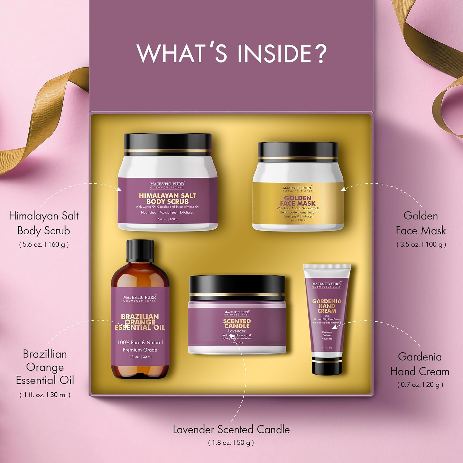 Majestic Pure Fathers Day Gift Set set of 5- (Brazilian Orange oil 1oz, Scented Candle - 50g, Gardenia Hand Cream - 20g, Himalayan Salt Body Scrub - 160g, Gold Face Mask - 100g) - Image 5