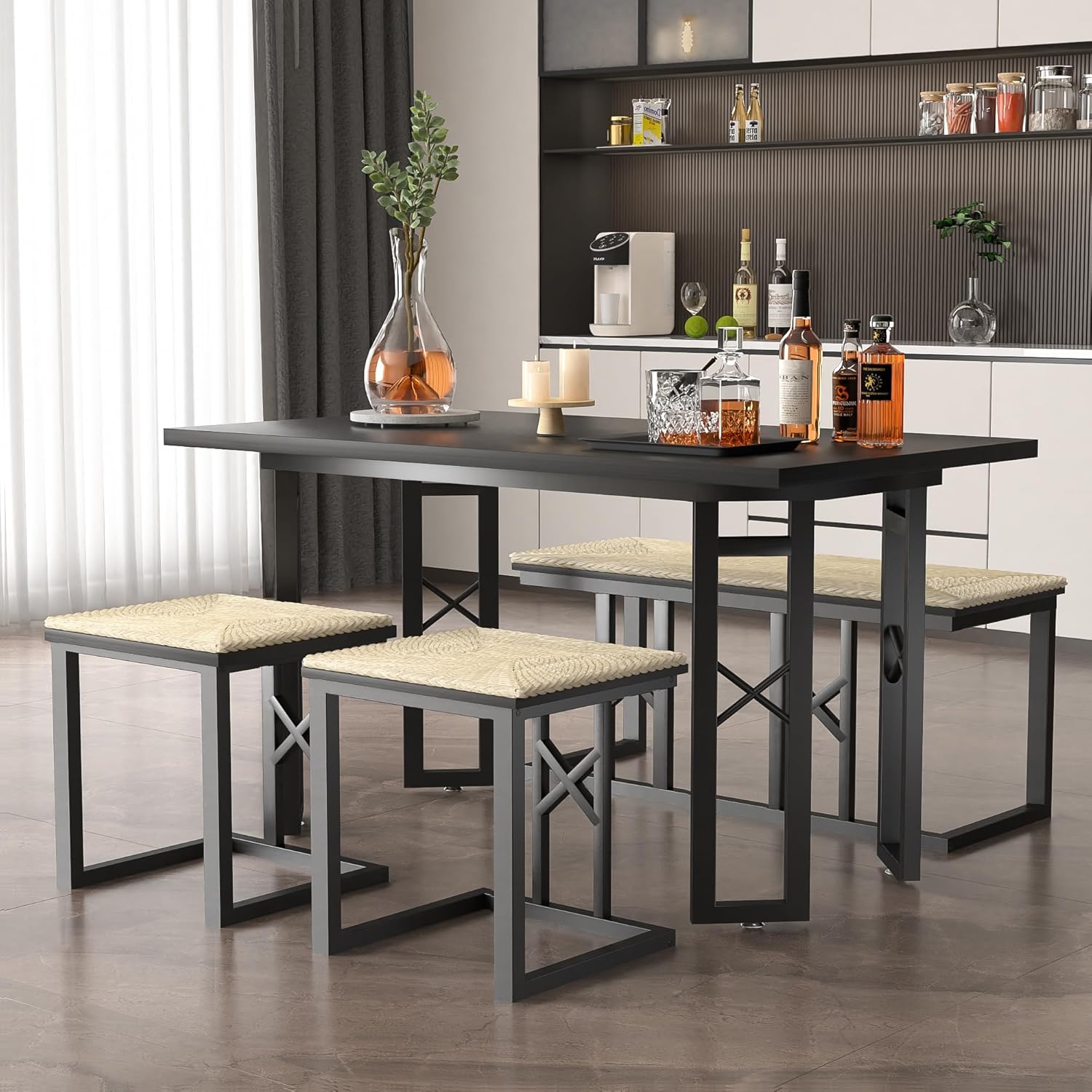 VECELO 43.3" Farmhouse Dining Table Sets, Kitchen Table for 4 with 3 Seats & Wicker Seat Cushions,Metal Frame Space-Saving Adjustable Feets Coffee Table for Home Kitchen Dining, Pitch Black