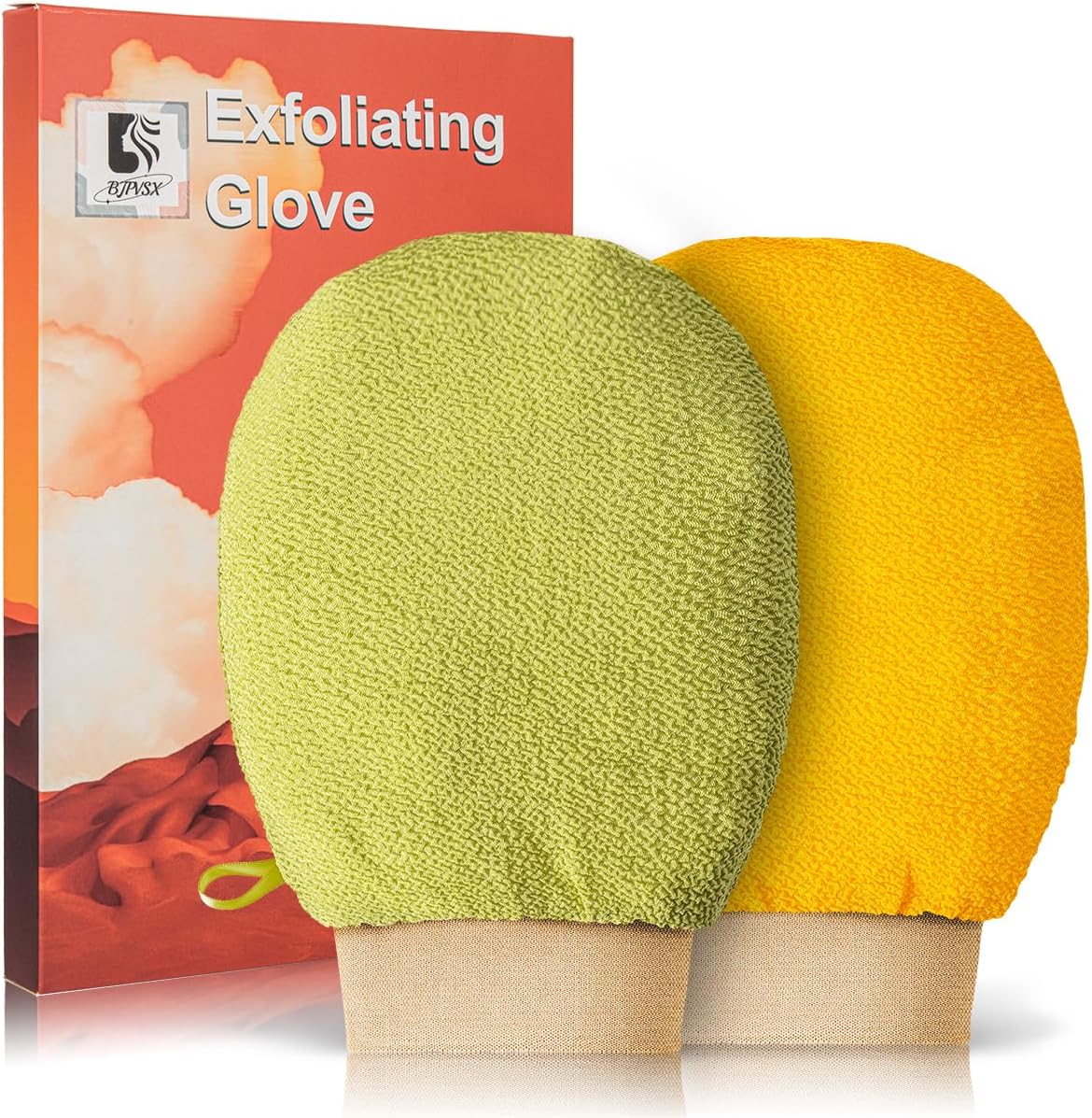 2 Piece Exfoliating Glove Body Scrubber, Premium Exfoliating Mitt for Normal to Dry Skin, Body Exfoliator for Self-Tan Removal and Applicationin, Made of Viscose Fiber (Yellow&Green)
