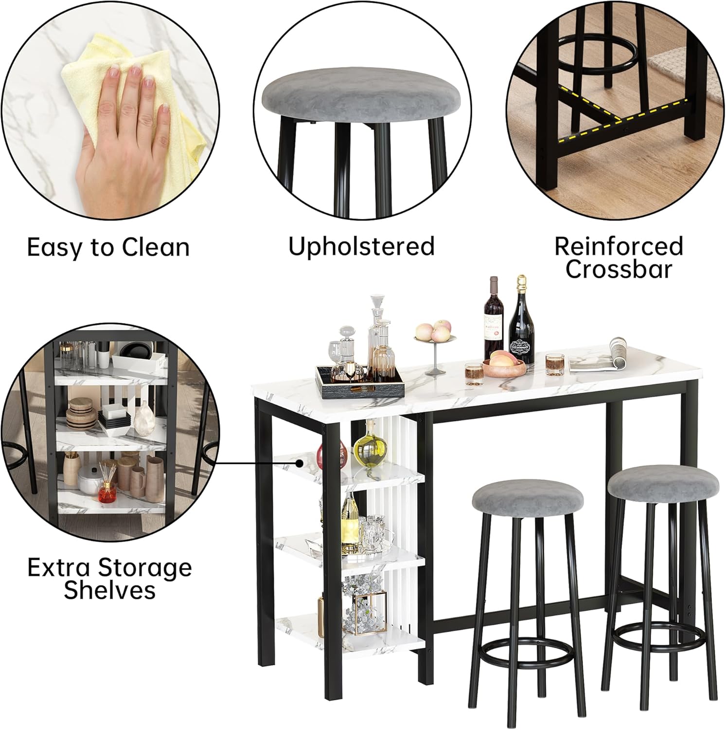 Lamerge Kitchen Furniture Bar Height Table and Chairs for 2 People, 4-Tier Compact Dining Room Table, White Faux Marble Top and 2 Grey Velvet Upholstered Seat, Modern Dining Set for Home/Studio/Office - Image 7
