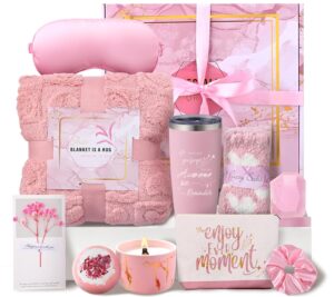 Birthday Gifts for Women Pink Relaxing Spa Gift Baskets Self Care Gift Get Well Soon Gifts Set, Mothers Day Gifts for Mom, w/ Luxury Blanket INSPEAUTY