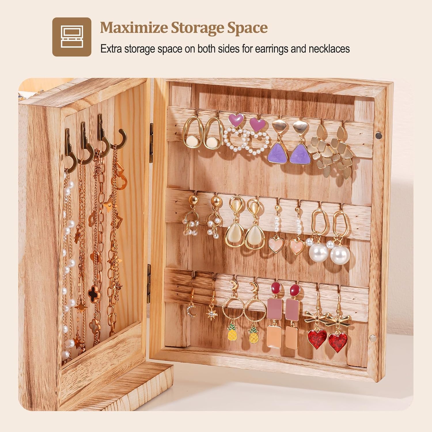 ProCase Large Jewelry Box, 5-Layer Wooden Jewelry Boxes for Women, Jewellery Holder Organizer Storage Case with Mirror for Earrings Bracelet Necklace for Dresser -Natural - Image 3