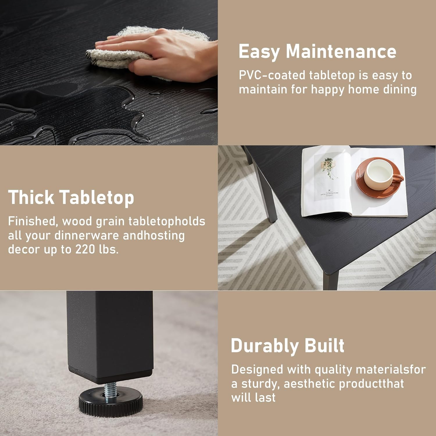 Dining Table Set for 4, Kitchen Dining Chairs Set with 2 Benches, 43.5 Inch Small Kitchen Dining Room Table and Chairs Set for 3-Piece Breakfast Nook and Small Space, Black - Image 4