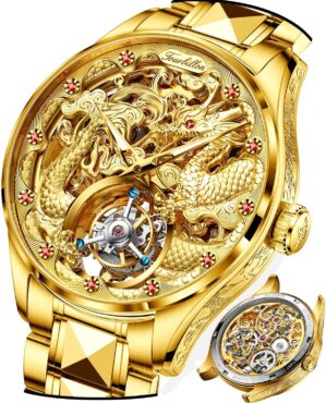 OUPINKE Men’s Skeleton Mechanical Watches Luxury Dress Automatic Self Winding Sapphire Crystal Waterproof Tungsten Steel Band Wrist Watches