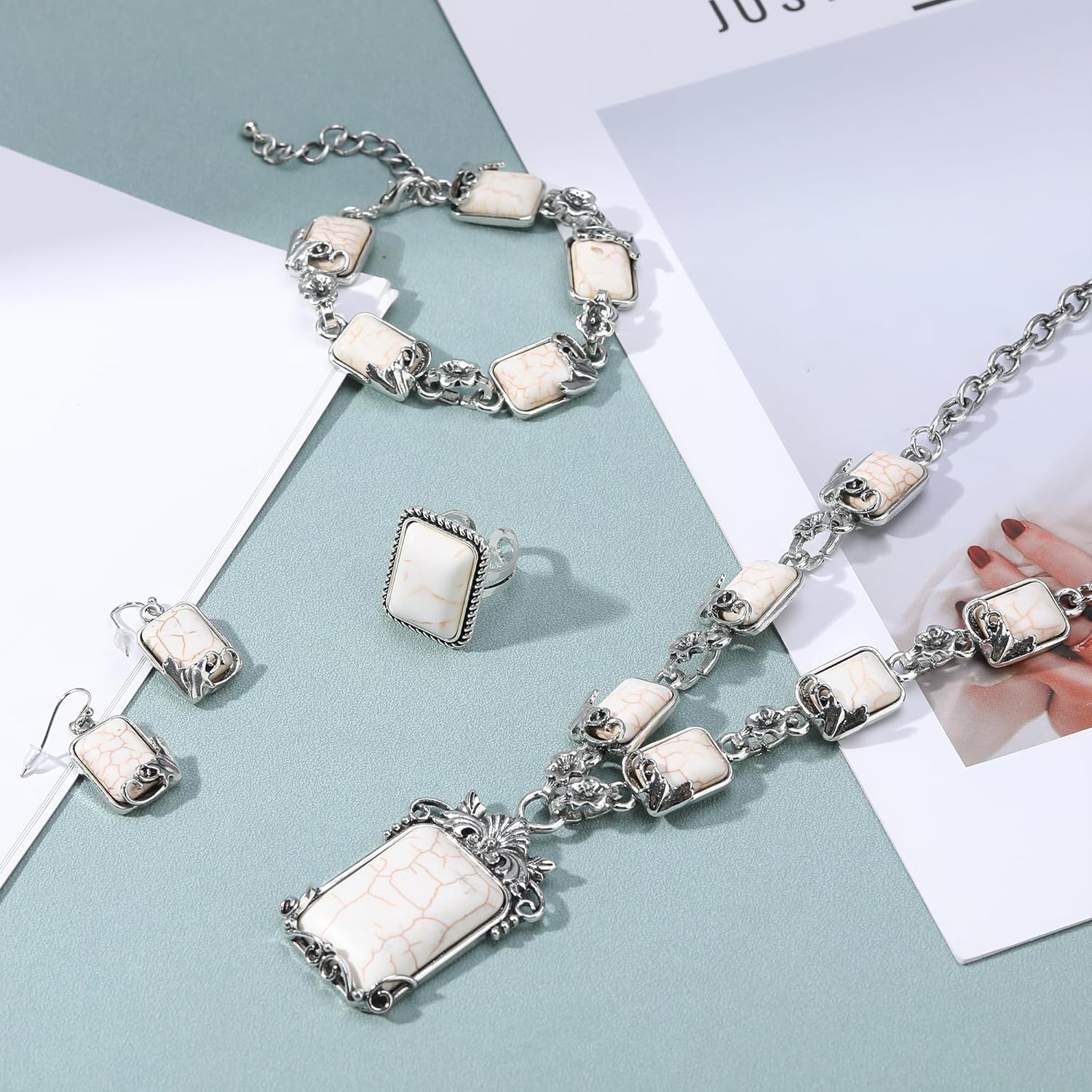 4 PCS Western Turquoise Jewelry for Women Boho Vintage Navajo Pearl Necklace Earring Bracelet Ring Set Country Cowgirl Accessories for Gift - Image 3