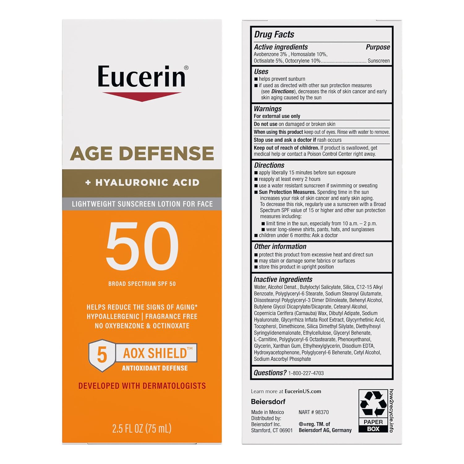 Eucerin Sun Age Defense SPF 50 Face Sunscreen Lotion with Hyaluronic Acid, Hypoallergenic, Non-Comedogenic Sunscreen SPF 50 Free of Fragrance, Oxybenzone and Octinoxate, 2.5 Fl Oz Bottle - Image 9