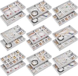 Junkin 18 Pcs Velvet Jewelry Tray Stackable Jewelry Drawer Organizer Jewellery Box Divided Display Tray for Earring Bangle(Gray)